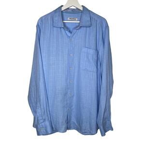 Tommy Bahamas 100% Linen Grid Blue Button Down Shirt Men's Size XL